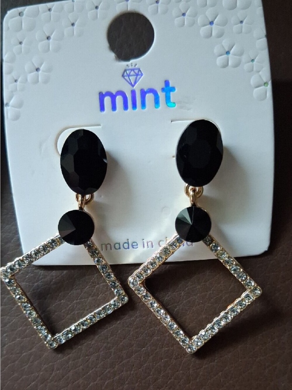 mint Black and Gold Crystal Square Drop Earrings